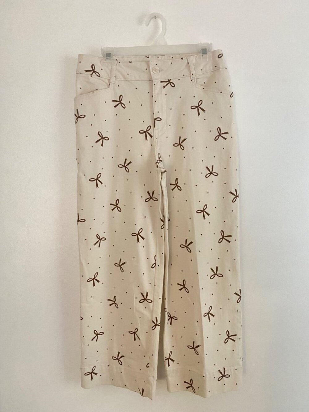 Bagatelle Beige Wide-Leg Pants With Brown Bow Print Size 8 Casual